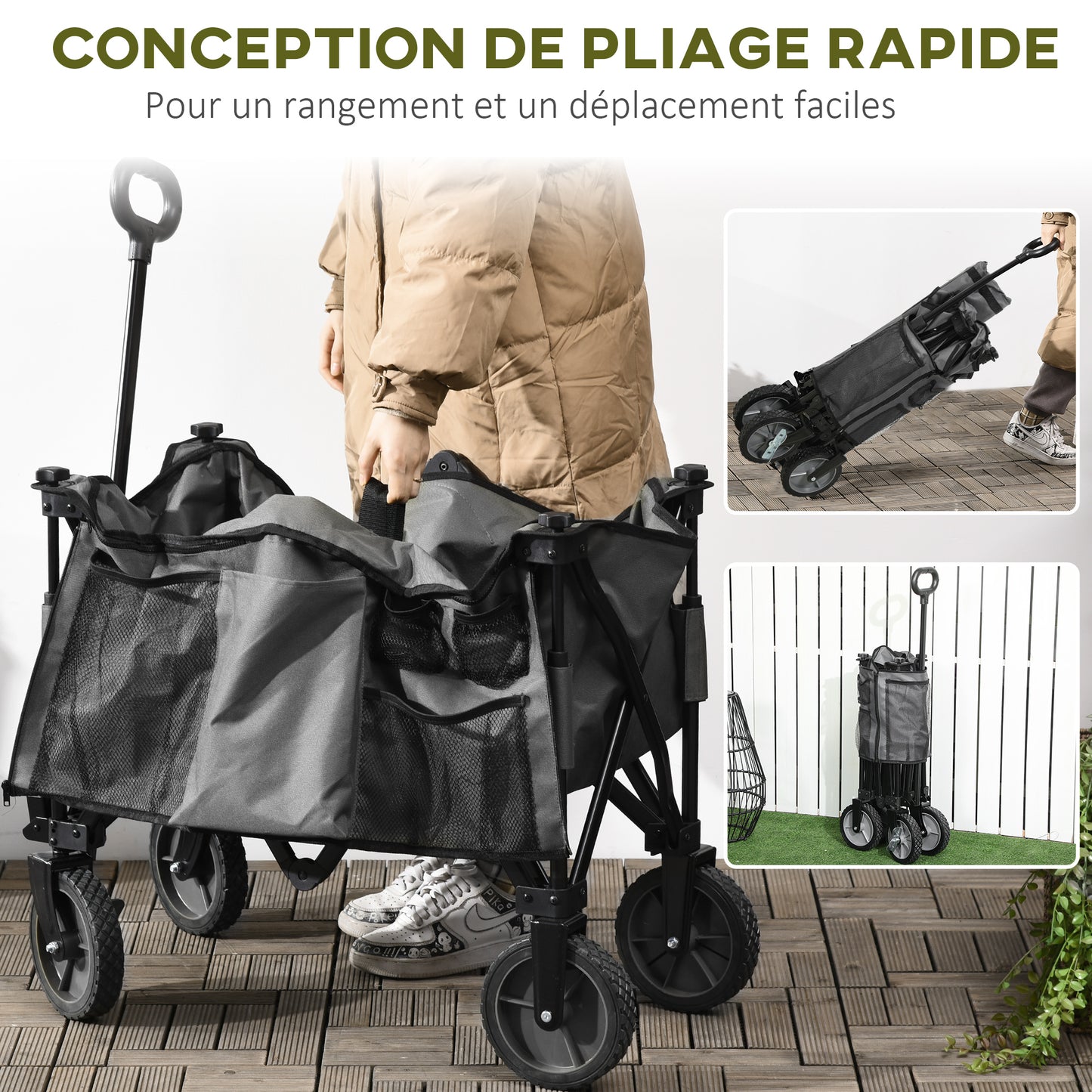 Outsunny Beach Cart, Foldable Transport Cart 4 Wheels Removable Tarpaulin Telescopic Handle Adjustable Tilt Foldable Platform and 5 Storage Bags 108 x 55 x 93 cm Dark Gray