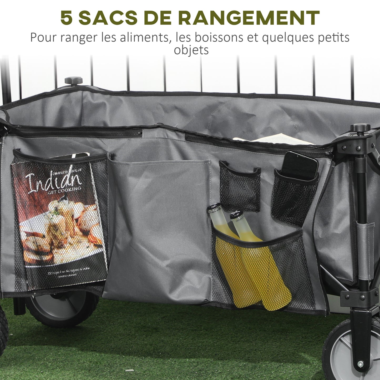 Outsunny Beach Cart, Foldable Transport Cart 4 Wheels Removable Tarpaulin Telescopic Handle Adjustable Tilt Foldable Platform and 5 Storage Bags 108 x 55 x 93 cm Dark Gray