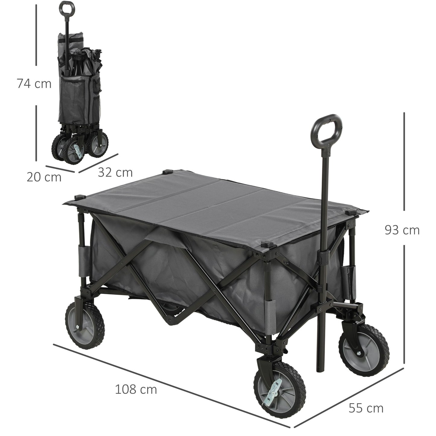 Outsunny Beach Cart, Foldable Transport Cart 4 Wheels Removable Tarpaulin Telescopic Handle Adjustable Tilt Foldable Platform and 5 Storage Bags 108 x 55 x 93 cm Dark Gray