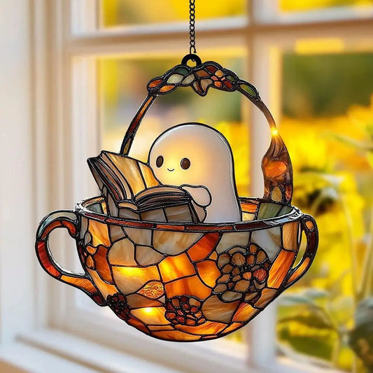 Halloween Ghost Reading Book Suncatcher Hanging Decor Acrylic Window Hanging Ornament Colorful Shadow Home Decorations