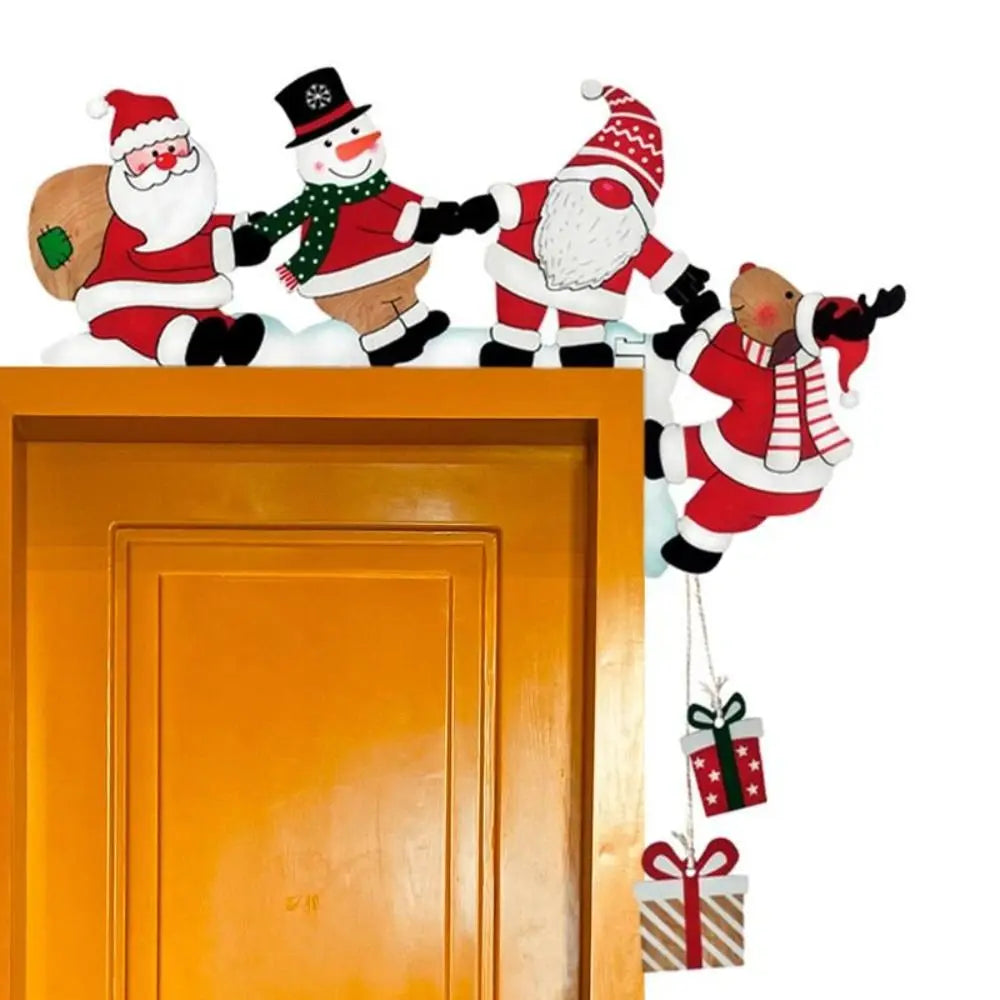 New Santa Door Corner Decor Christmas Cartoon Door Frame Decor Snowman Reindeer Wooden Pendant Party House Decor