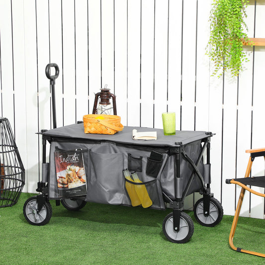 Outsunny Beach Cart, Foldable Transport Cart 4 Wheels Removable Tarpaulin Telescopic Handle Adjustable Tilt Foldable Platform and 5 Storage Bags 108 x 55 x 93 cm Dark Gray
