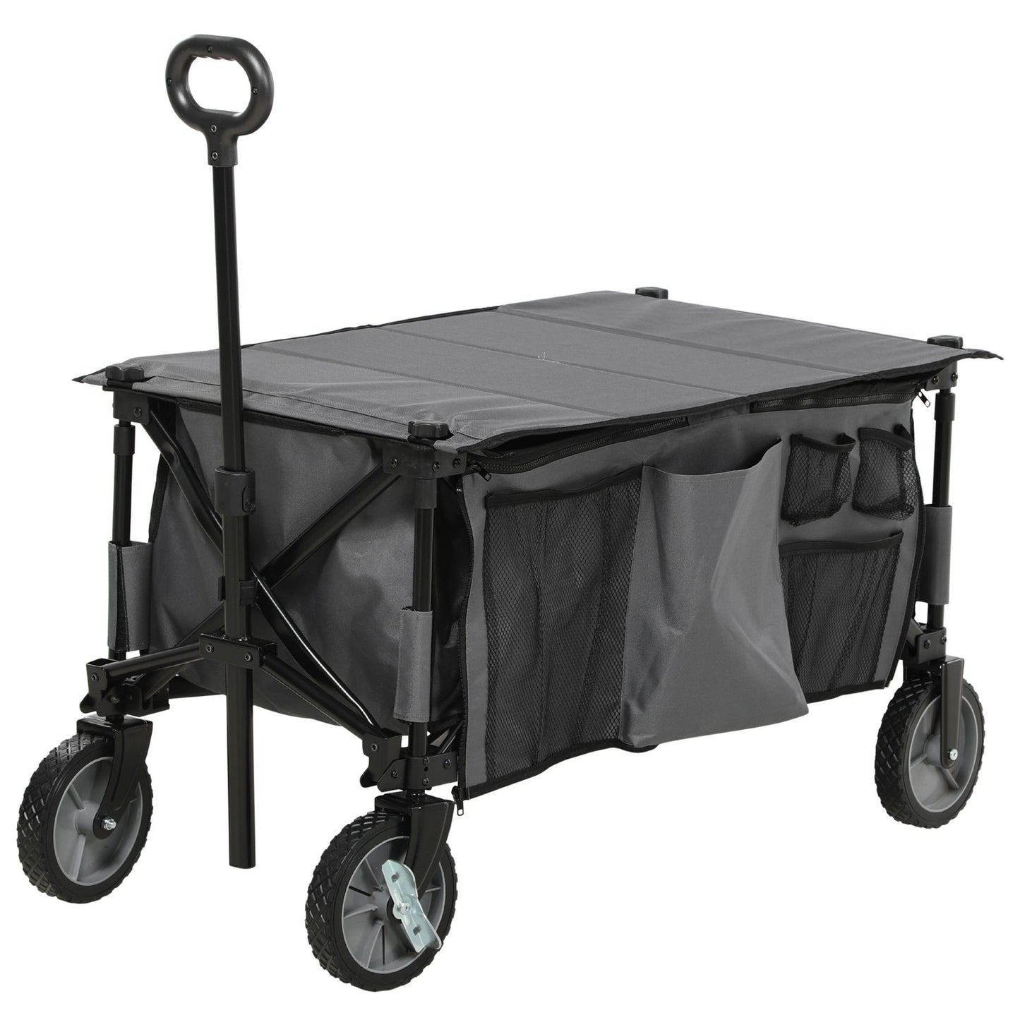 Outsunny Beach Cart, Foldable Transport Cart 4 Wheels Removable Tarpaulin Telescopic Handle Adjustable Tilt Foldable Platform and 5 Storage Bags 108 x 55 x 93 cm Dark Gray