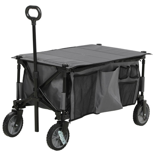 Outsunny Beach Cart, Foldable Transport Cart 4 Wheels Removable Tarpaulin Telescopic Handle Adjustable Tilt Foldable Platform and 5 Storage Bags 108 x 55 x 93 cm Dark Gray